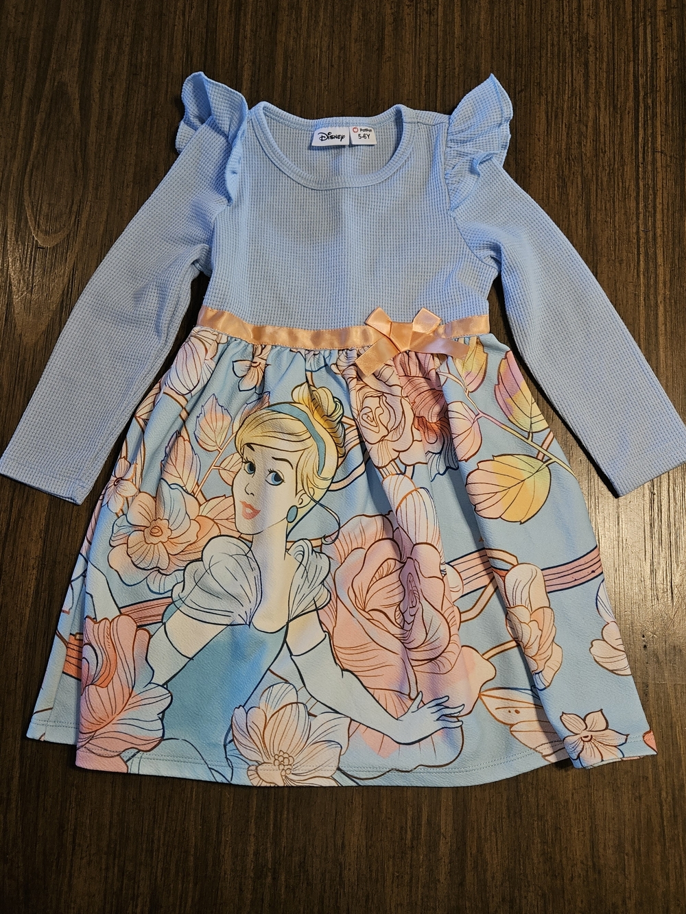 Disney Light Blue Princess Floral Long-Sleeve Dress with Peach Ribbon